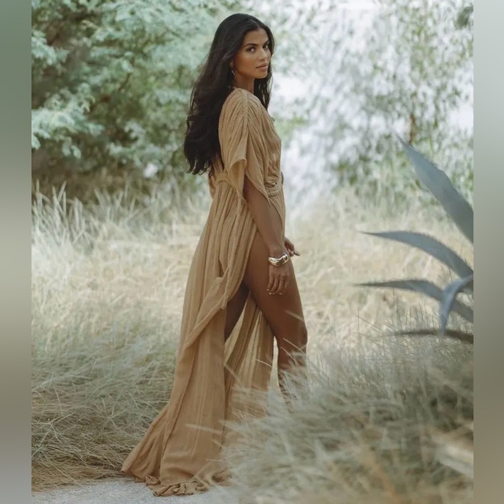 Chic Le Frique Calliope Sheer Maxi Robe Caramel Dress